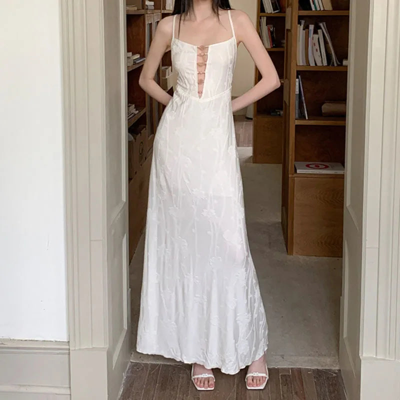 AIERTU  -  Women Dress New Chinese Style Patterned Chest Bead Hollow Out Backless Sleeveless High Waist Slim Vacation Sling Long Dresses Aiertu
