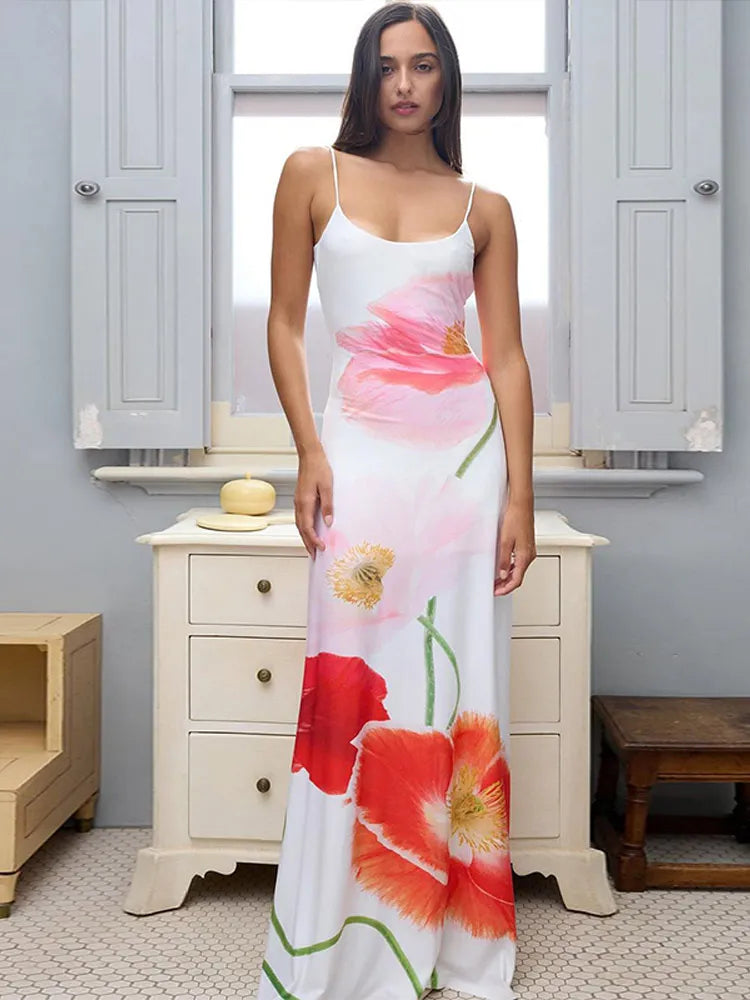 Aiertu Fashion Flower Printed Women Sling Dress Elegant U-neck Backless Bodycon Dresses Summer Lady Chic Beach Vacation Robes 2024 Aiertu