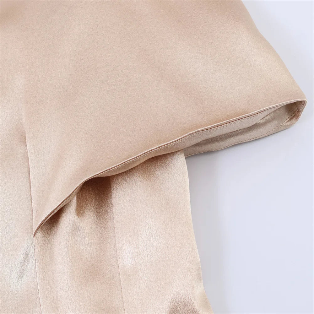 AIERTU  -  Summer New Women's Clothing Silk Satin Texture Slim Stand-up Collar Cape Waist Short-sleeved Shirt Top Aiertu