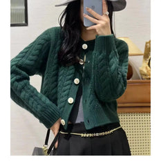 Women's Pure Cashmere Wool Sweater Round Neck Twists Short Cardigan Autumn Winter Casual Knit Top Female Thickened Warm Jacket Aiertu