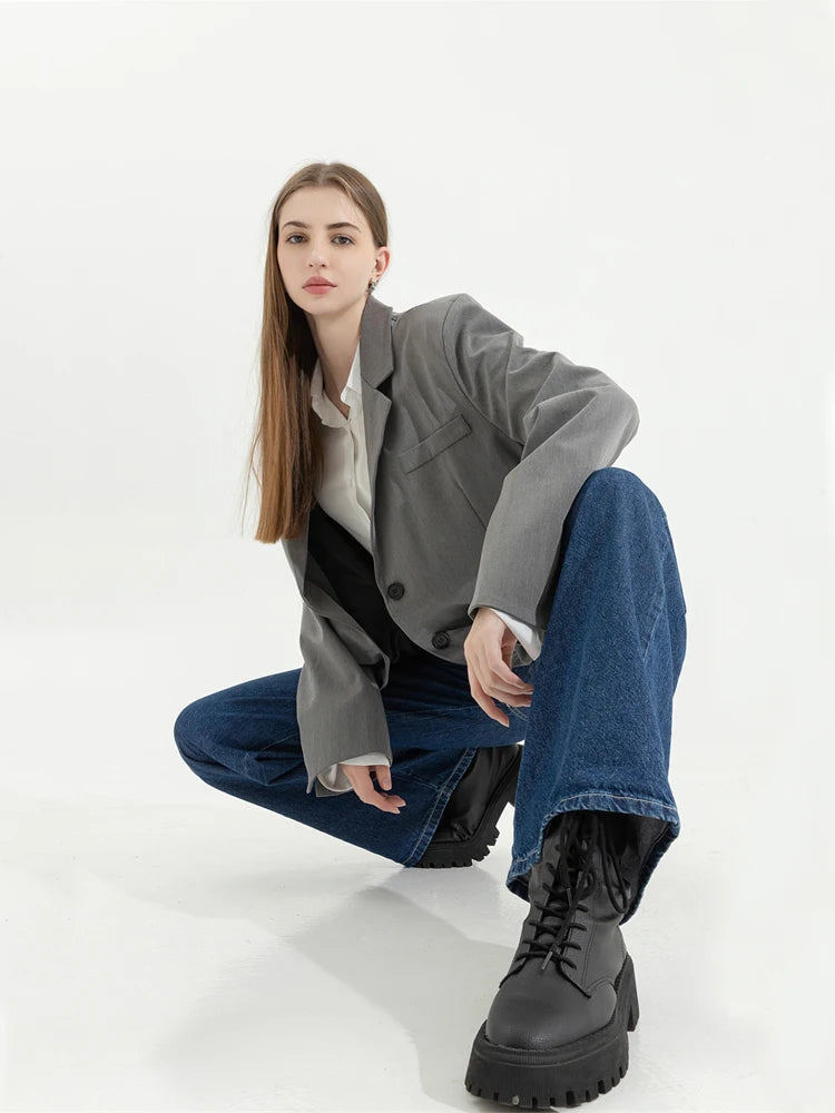 Aiertu Grey Blazer Coat Women Korean Casual Loose Autumn Oversized Single-breasted Turndown Collar Long Sleeve Suit Jacket Female Aiertu