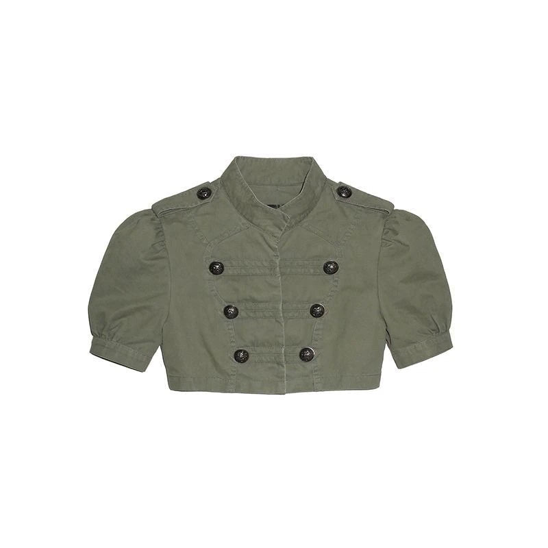 AIERTU  -  Summer Casual Wind Army Green Double-breasted Coat Women's Heavy Industry Retro Bubble Sleeve Short Jacket Top Aiertu