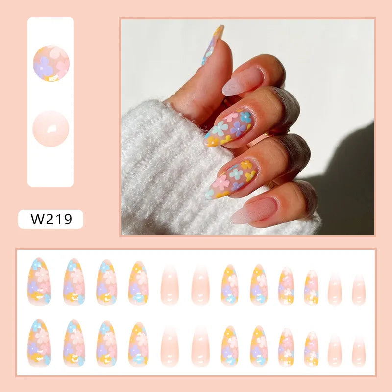 Aiertu 24pcs/Box Ballerina Nail Tip Purple with Design Manicure Patches Fresh Floral Almond False Nails Press on Med Nails Detachable Aiertu