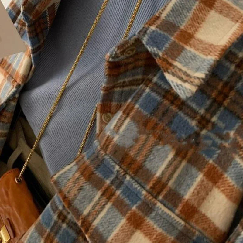 Aiertu FALL OUTFIT Plaid Woolen Shirts Women Tops Vintage Baggy Casual Outwear Fashion Korean Style Pockets All-match Chic Lapel Camisas De Mujer aiertu