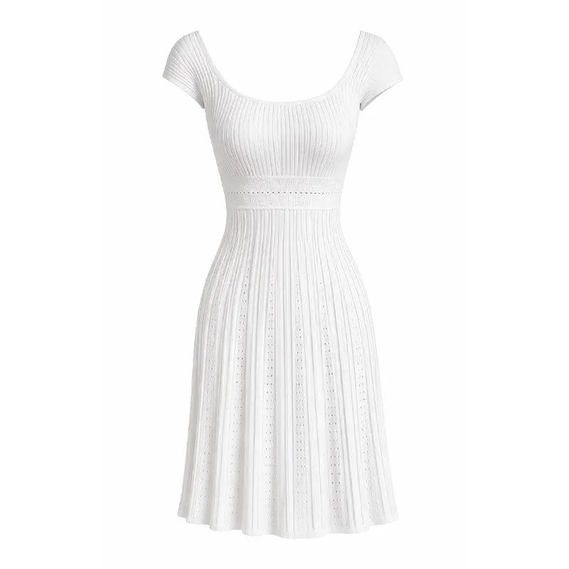 AIERTU  -  French U-neck Medium and Long Dress Women's Waist Slim Jacquard Design Temperament White Skirt Aiertu