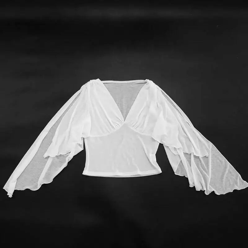 AIERTU  -  Mesh Deep V Neck T Shirt With Ribbon Sleeves Slim Fit Waist Cinching Pleated Top Women Sexy Fashionable Elegant Stylish Summer Aiertu