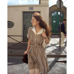 AIERTU  -  Korean Style Summer New Plaid Dress with Belt Loose Feel Sweet Style Women's Dress Short Sleeve Shirt Collar Casual Scene Aiertu