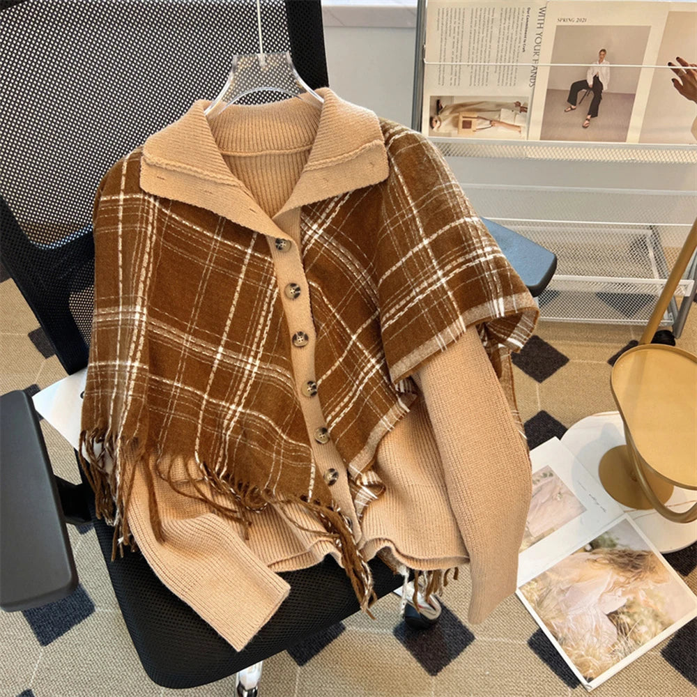AIERTU  -  Checkered Tassel Shawl Fake 2Piece Knitted Cardigan Women's Autumn Winter New Lapel Thickened Sweater Trendy Casual Tops Aiertu