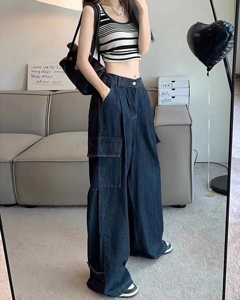 Aiertu Autumn Women Harajuku Cargo Baggy Blue Jeans Streetwear Hip Hop Oversize Casual Wide Leg Vintage Demin Pants Y2k Loose Trousers Aiertu