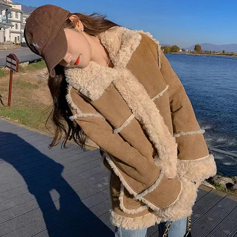 Aiertu Winter Warm Overcoats Women Outwear Casual Y2k Office Lady Vintage Faux Fur Wool Coat Ladies Korean Fashion Khaki Jackets Chic Aiertu
