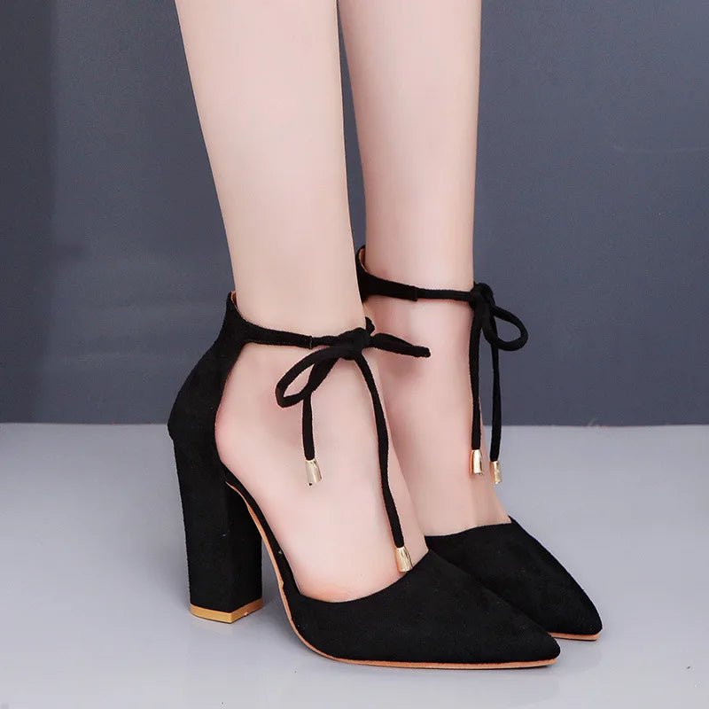 Autumn New Pointed Thick Heel Strap High Heel Shoes Elegant Fashion Solid Color Party High Heel Sandals Shoes for Women Aiertu