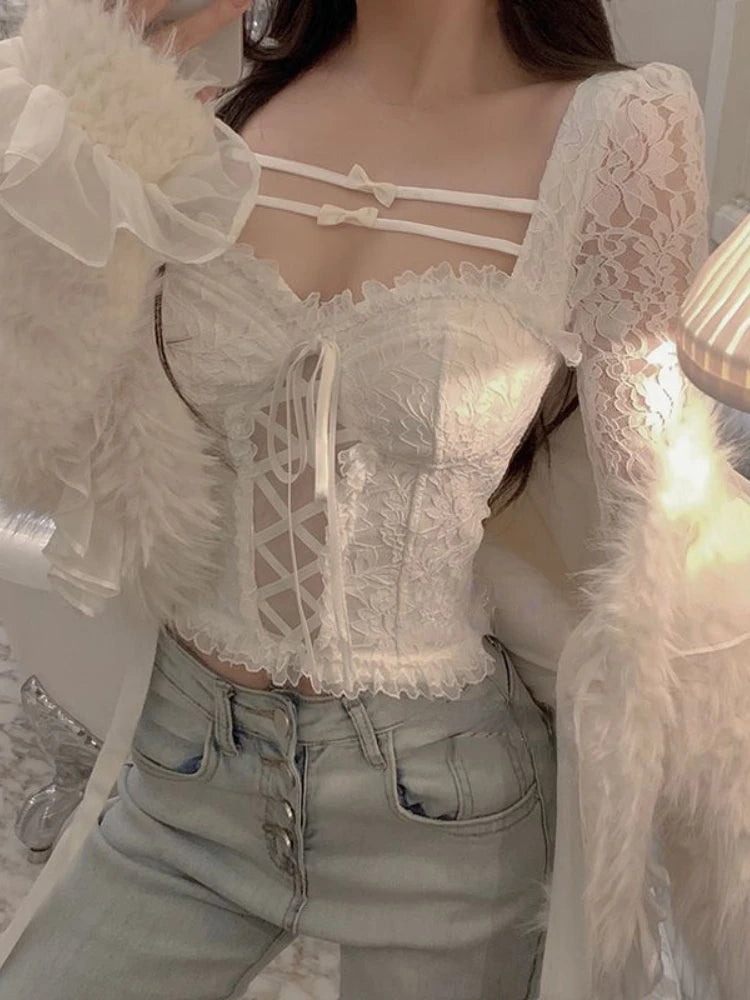 Aiertu 2024 Spring Sexy Bodycon White Blouse Women Slim Korean Fashion Y2k Crop Tops Basic Casual Vintage Lace Pullover Long Sleeve Aiertu