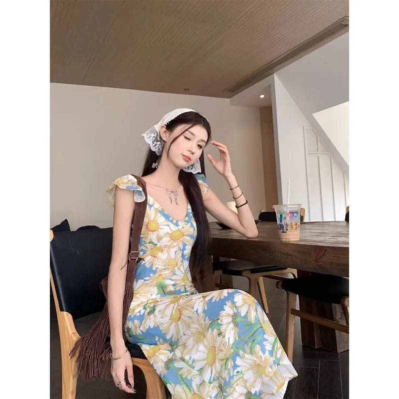 Aiertu 2024 Korean Chic Summer Dress Vintage Elegant Print Ruffles V Neck Off Shoulder Beach Dress Chiffon Dresses Long Aiertu