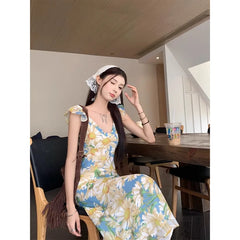 Aiertu 2024 Korean Chic Summer Dress Vintage Elegant Print Ruffles V Neck Off Shoulder Beach Dress Chiffon Dresses Long Aiertu
