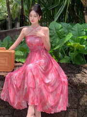 Aiertu French Pink Print Elegant Vacation Long Dresses 2024 Summer New Birthday Evening Party Women Clothes Fashion Sundress Ladies New Aiertu