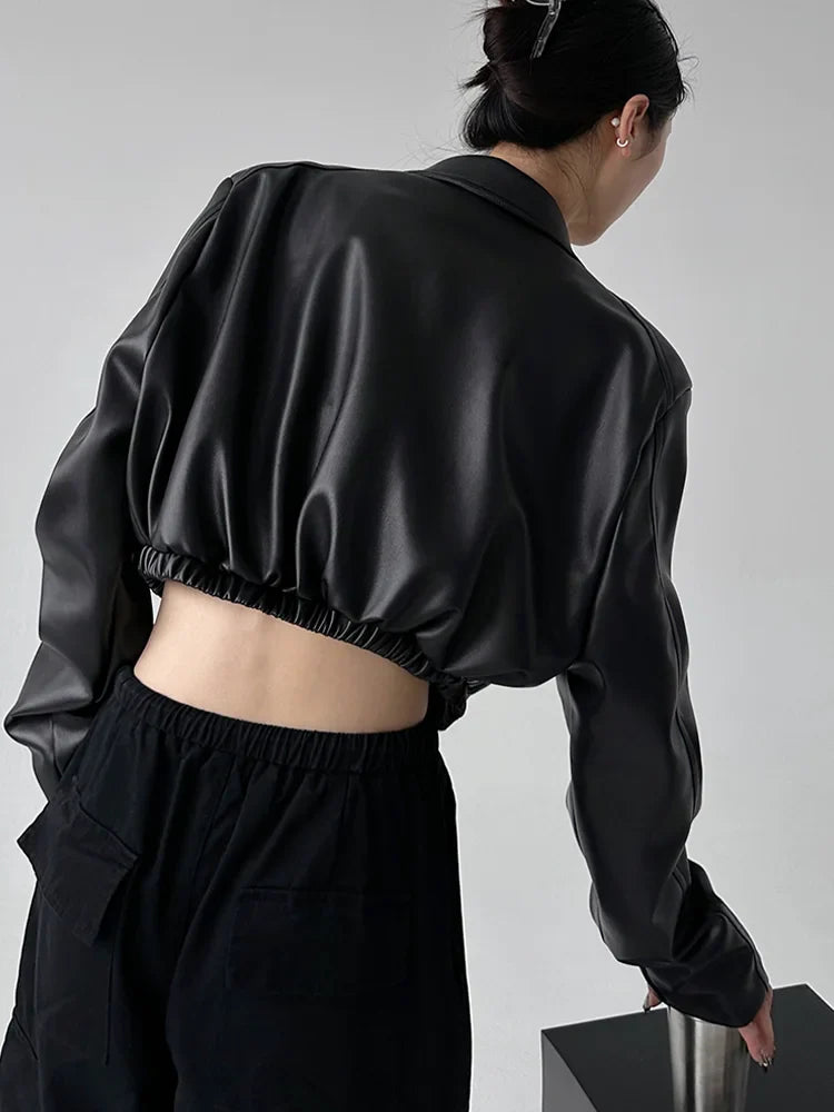 Aiertu Jackets PU Leather Women Black Lapel Long Sleeve Crop Coats American Retro Streetwear Zipper Fashion Casual Female Outerwear Aiertu