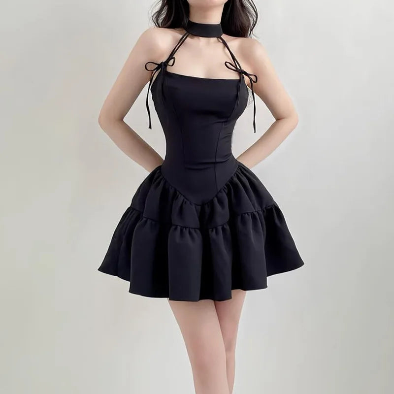 French Vintage Red Bow Tie Halter Neck Dress, Waist Slimming A-Line Puff Strap Mini Dress for Women Aiertu