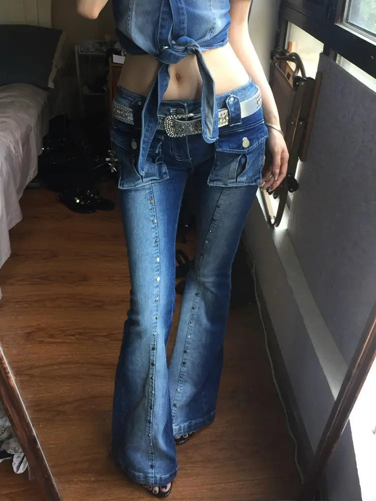AIERTU  -  Vintage Sheath High Waist Flared Jeans American Vintage Sexy Y2K Pants Women's Hight Street 2000s Blue Denim Trouser Aiertu