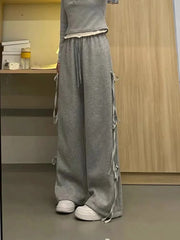 Aiertu Korean Spring Wear Grey Casual Top Female 2024 New Bow Design Super Sweet High Waist Slim Wide-leg Pants Two-piece Set Aiertu