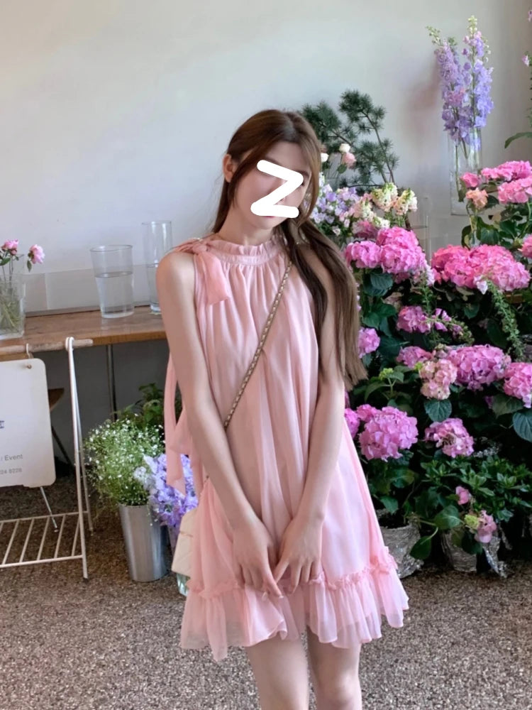 Aiertu Sweet Pink Y2k Mini Dress Party Women Casual Sleeveless Elegant Dress Korean Style Fashion Pure Color Dress Female Summer Aiertu