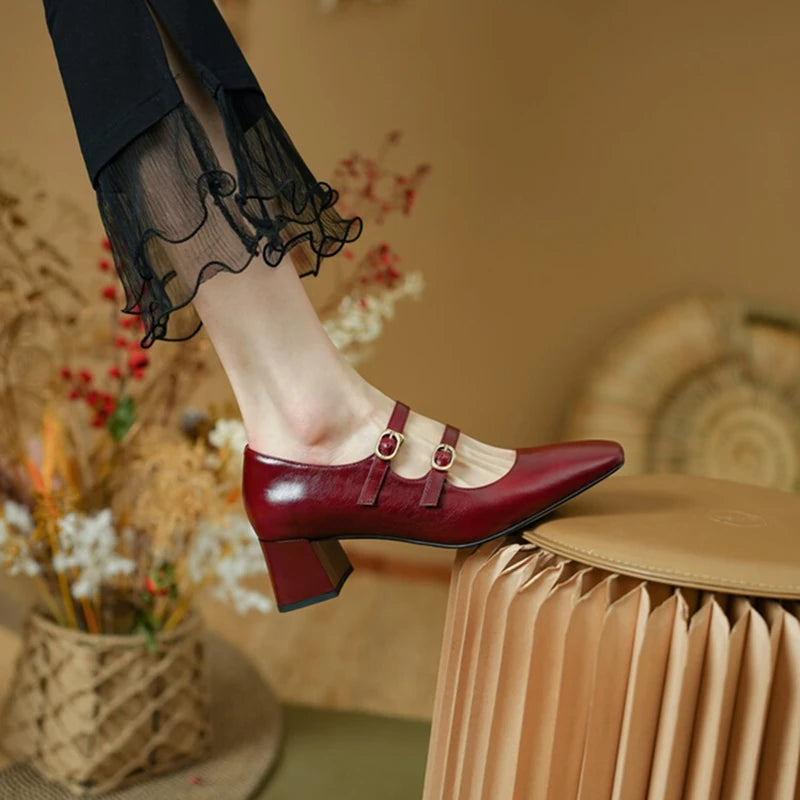 Aiertu NEW Spring Women Pumps Genuine Leather Shoes for Women Square Toe Chunky Heel Shoes Concise Mary Janes High Heel Women Shoes Aiertu