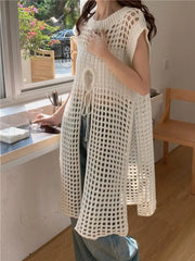 Aiertu Retro Niche Folded Wear Hollowed Out Knitted Mesh White Dress Summer Design Sense Loose Sundress Smock Can Be Worn Double-sided Aiertu