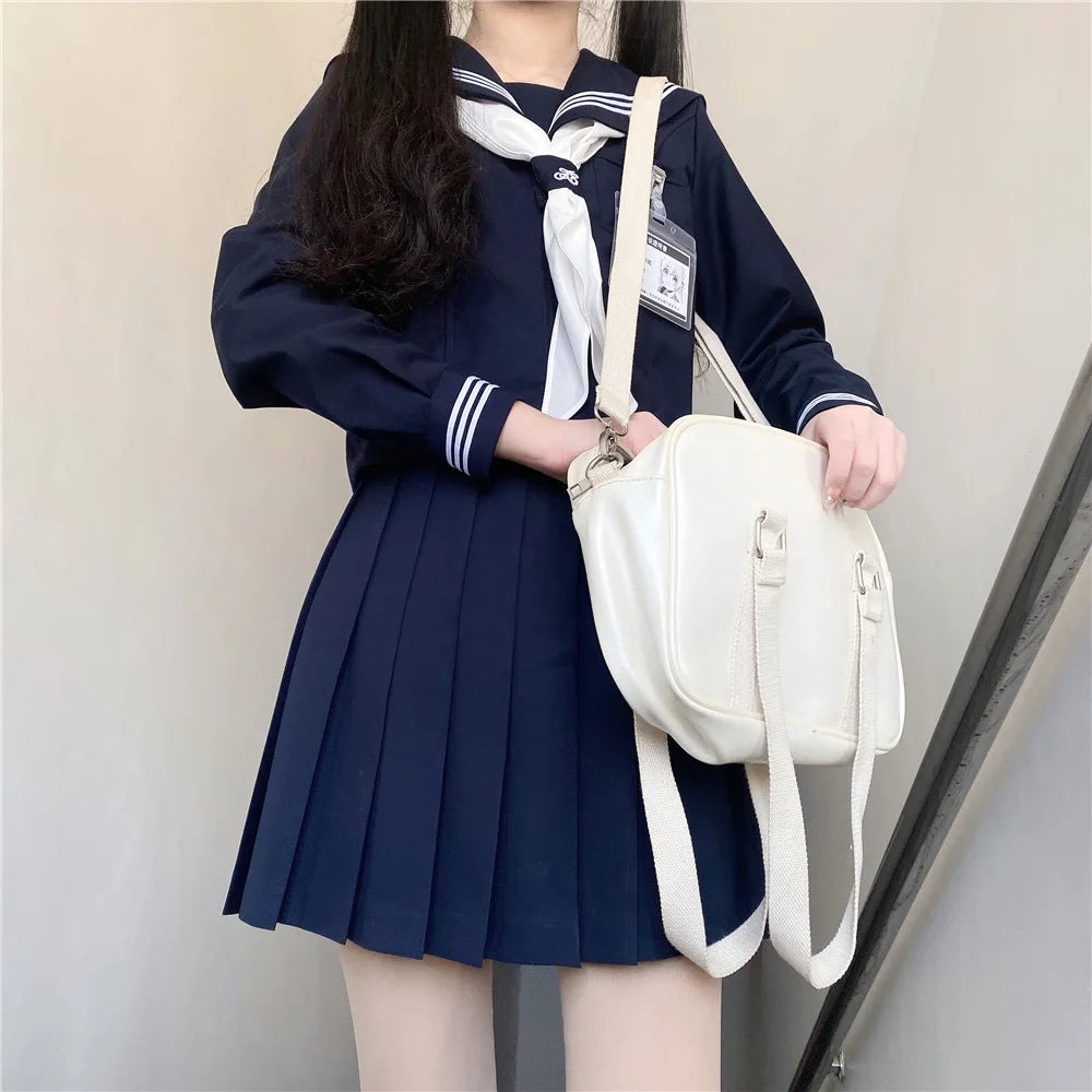 Aiertu Dark Blue Three Orthodox JK School Uniform Girls S-XXL College Style Sailor Spring Summer Suit Women Shirt Pleated Skirt Aiertu