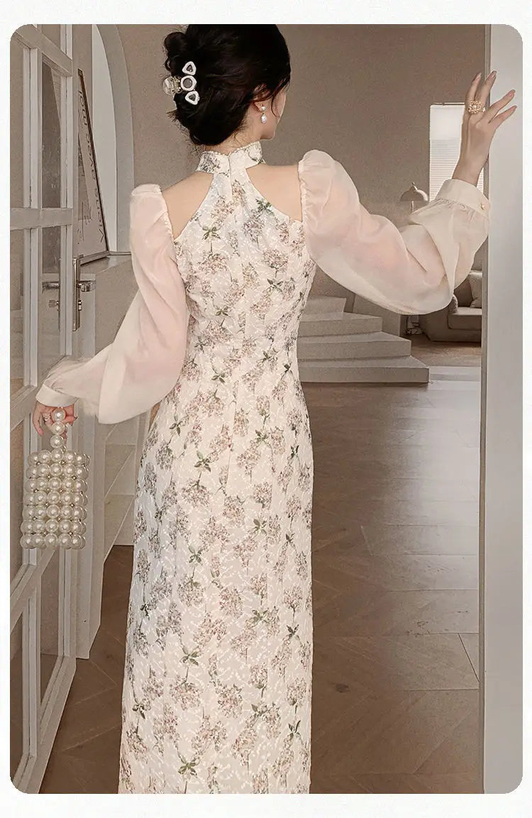 Aiertu Vintage Elegant Cheongsam Dress Women Floral Embroidery Design Party Fairy Dress Female 2022 Spring Court Retro Long Split Dress Aiertu