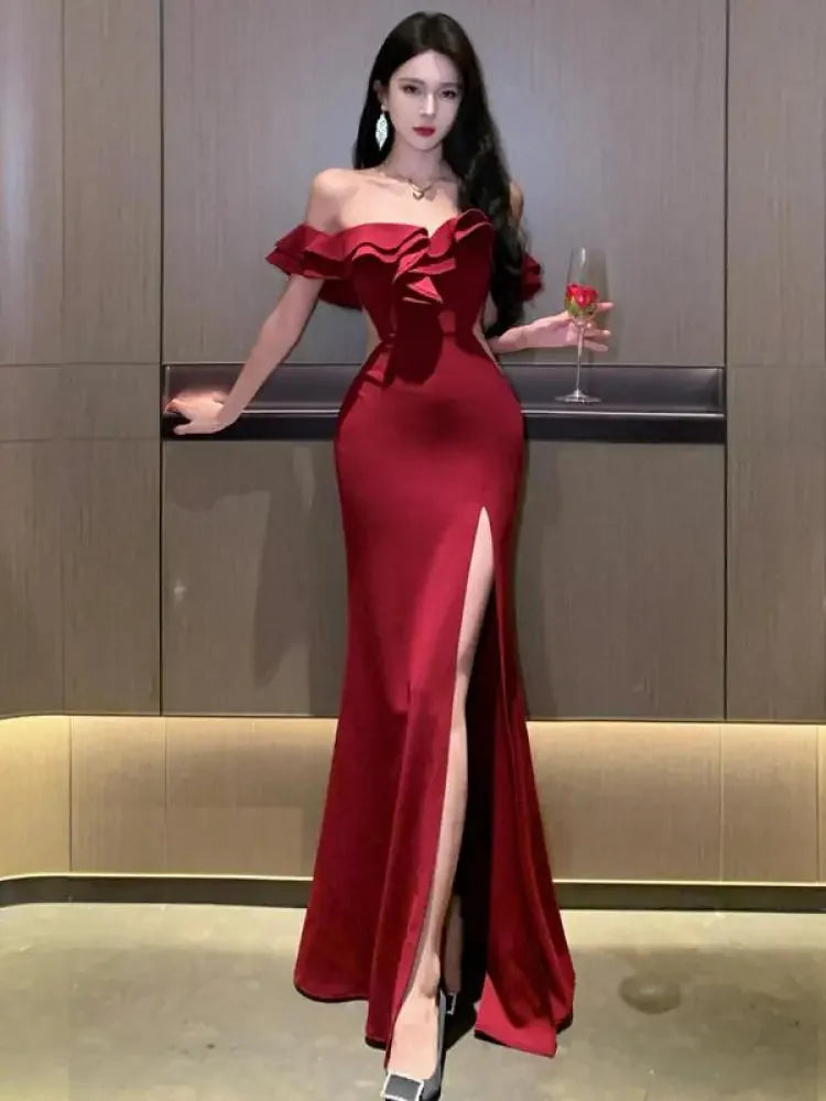 Aiertu Women's Sexy Backless High Split Ruffles Wrapped Hip Dress, Elegant Luxury Off Shoulder Party Evening Dresses, Red, Summer, 2024 Aiertu