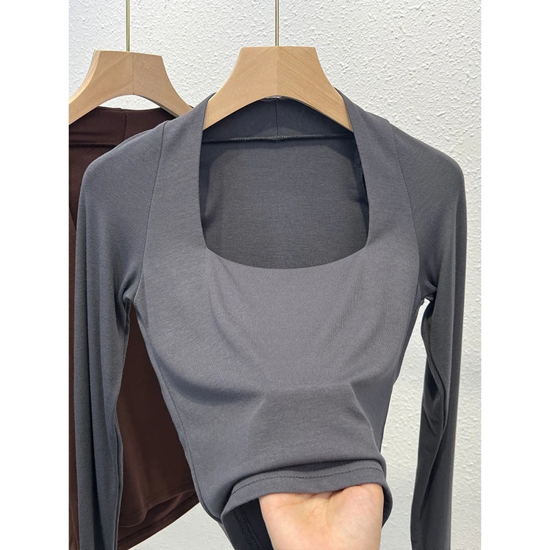 Aiertu Square Collar Warm Long Sleeve Tops Casual Women T Shirts Autumn Winter Skinny Sexy Solid Basic Crop Top Fashion Streetwear aiertu