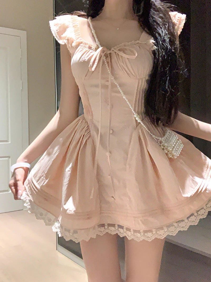 AIERTU  -  Kawaii Pink Mini Dress Women Party Cutecore Lace Patchwork Dresses Summer Japanese Fashion Flying Sleeve Bodycon A Line Vestidos Aiertu