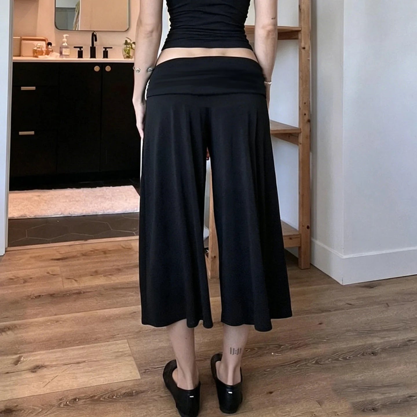AIERTU  -  Women's Pleated High Waist Casual Solid Color Midi Flare Pants Y2K Overlap Summer Loose Fit Loungewear Bottoms Aiertu