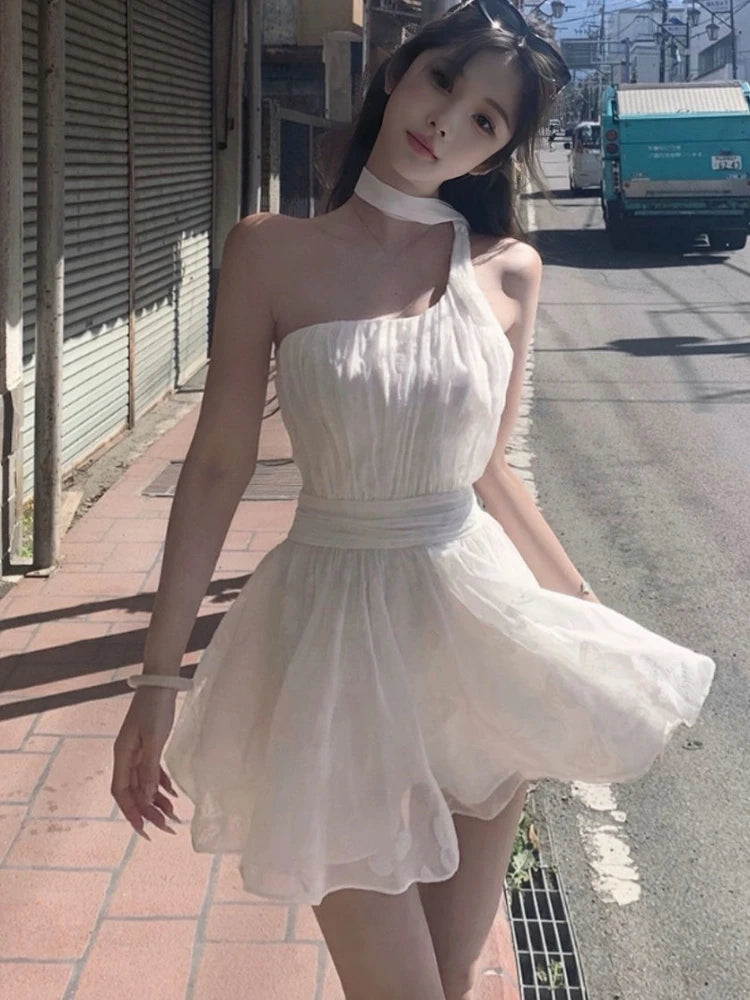 Japanese Sweet Kawaii Elegant Dress Women Solid Y2k Summer Vintage Short Party Dress Female Backless France Princess Chic Cothes Aiertu