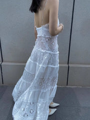 Aiertu White Suspender Embroidered Dress For Women'S Summer High-End Hollowed Out Design, Elegant And Chic Long Skirt Aiertu