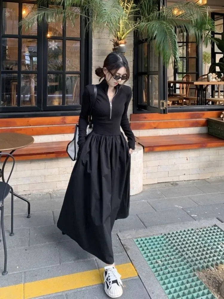 Aiertu 2024 Autumn Korean Style Zip White Dress Women Kpop Wrap Long Sleeve Long Dresses Streetwear Solid Simple Ladies Chic Aiertu