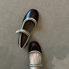 AIERTU  -  French Style Flat Bottom round Head Pearl Embellished Mary Jane Shoes Women's Slip-On Shoes with Magic Tape Spring New Arrival Aiertu
