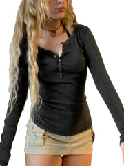 Aiertu FALL OUTFITS Womens Spring Autumn Slim Tops Black Long Sleeve Button Down Ribbed Skinny T-shirt Aiertu