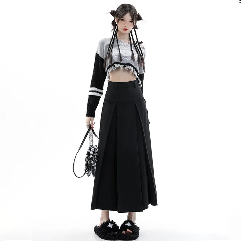 Aiertu Vintage Grey Suit A-line Skirt Women's Spring Autumn College Style High Waist Pleated Mid Length Skirt Femal aiertu