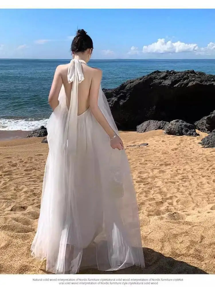 Aiertu French White Loose Halter Bandage Pleated Long Dresses Women Sexy Club Backless Sleeveless Elegant Evening Party Mesh Dress Robe Aiertu