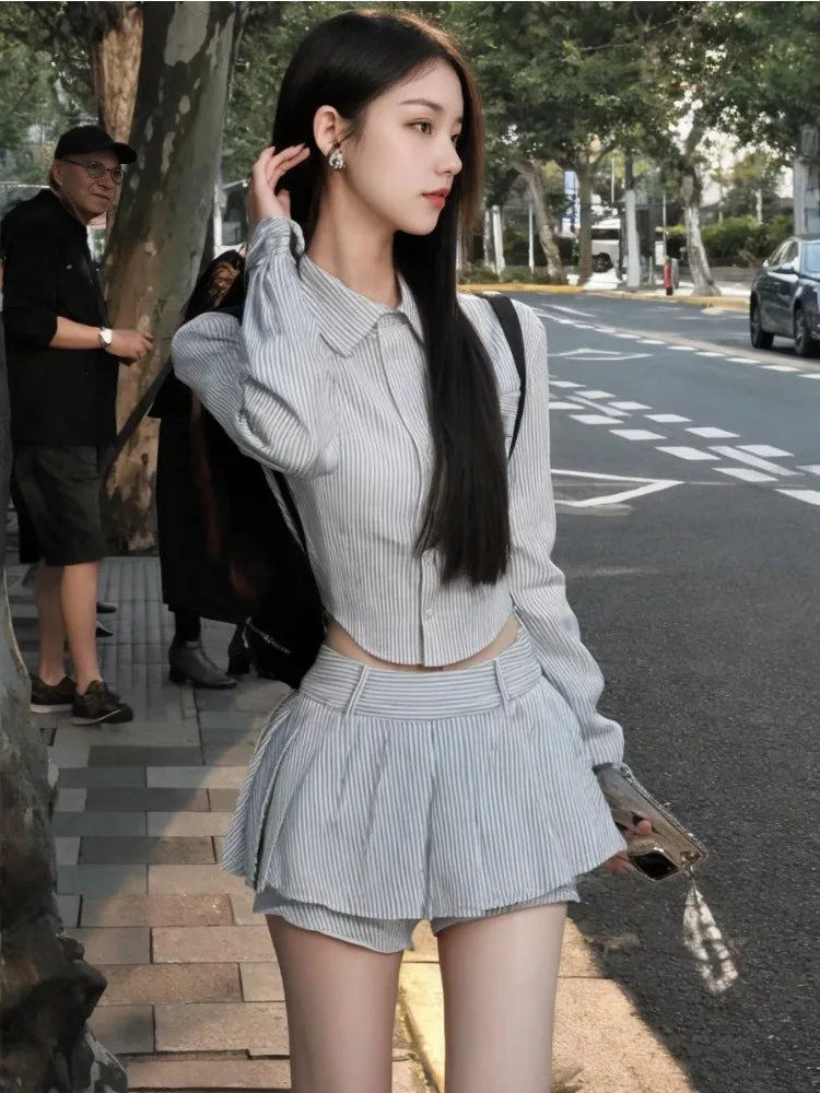 Aiertu Sweet Hot Girls Sexy Preppy Style Suit Women's Spring/Autumn Irregular Long-sleeved Short Shirt Pleated Mini Skirt Two-piece Set Aiertu