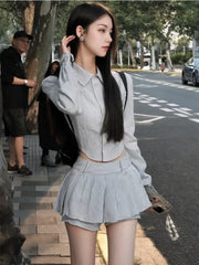 Aiertu Sweet Hot Girls Sexy Preppy Style Suit Women's Spring/Autumn Irregular Long-sleeved Short Shirt Pleated Mini Skirt Two-piece Set Aiertu
