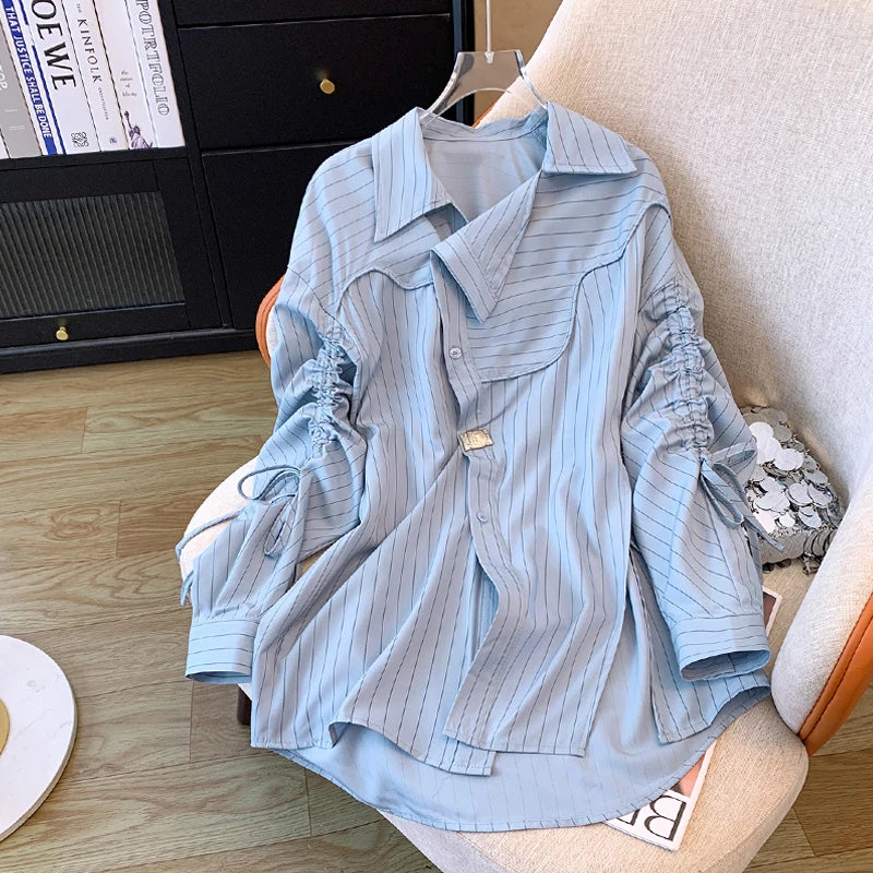 Aiertu Korean Style Striped Folds Long Sleeve Single Breasted Shirt 2024 Spring Summer Women's Casual Turn-Down Collar Baggy Blouse Top Aiertu