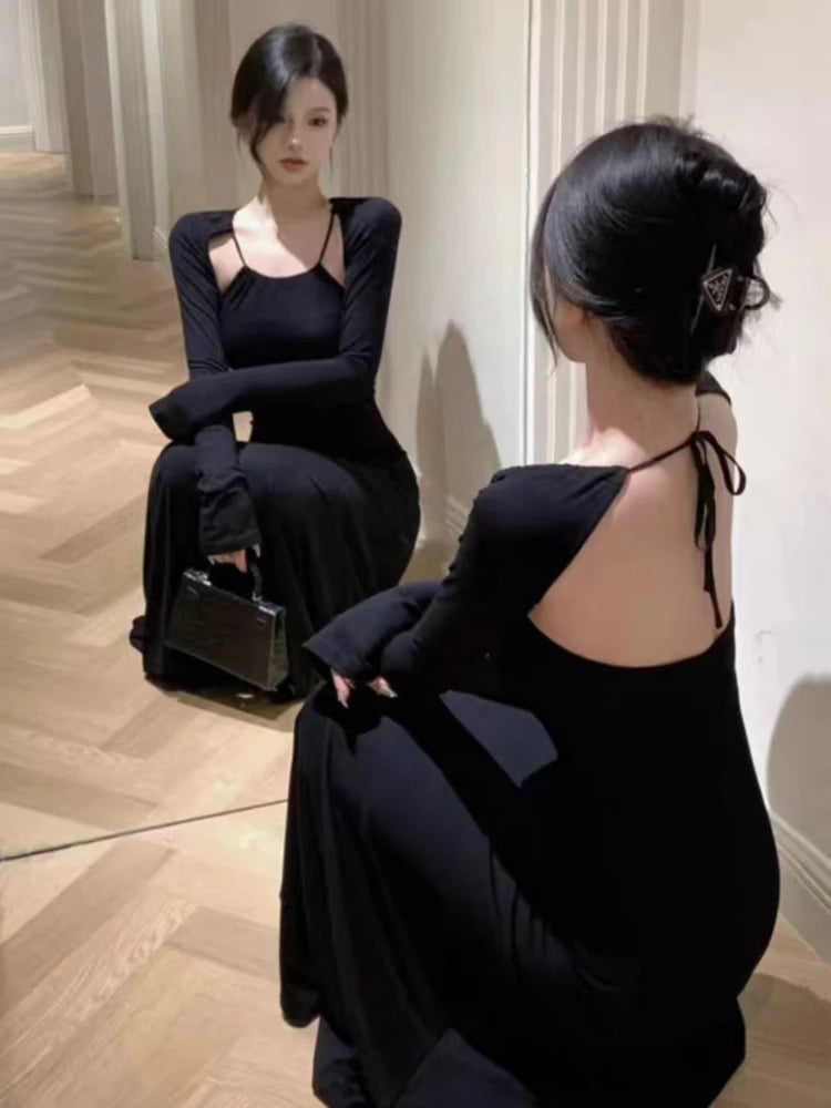 Aiertu Vintage Elegant Halter Bcakless Black Long Dress Women Retro Wrap Party Long Sleeve Maxi Dresses 2024 Spring Aiertu