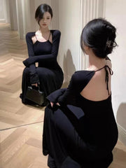 Aiertu Vintage Elegant Halter Bcakless Black Long Dress Women Retro Wrap Party Long Sleeve Maxi Dresses 2024 Spring Aiertu