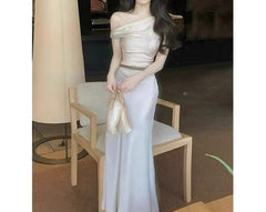 AIERTU  -  Summer New Simple Dress with Feminine Temperament Slanted Shoulder Bag Buttocks Long Skirt Dress Aiertu