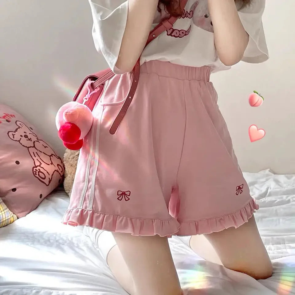 Aiertu Kawaii Streetwear Bow Embroidery Elastic High Waist Wide Letg Shorts Women Summer Lolita Sweet Cute Ruffle Short Femme Aiertu