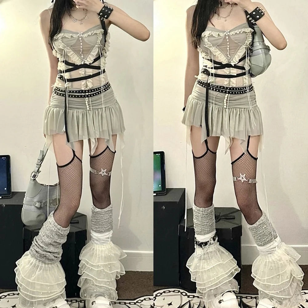 Aiertu Y2k Two Piece Set Outfit Aesthetic Fairy Grunge Mesh Irregular Short Skirt And Crop Top 2023 Summer Chic Women Matching Sets Aiertu