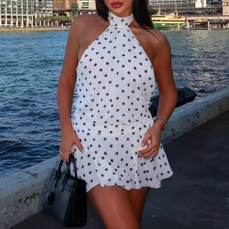 AIERTU  -  Women Y2K Aesthetic Fairy  Halter Mini Dress Summer Dot Print Sleeveless Backless Tiered Ruffle Dress Female Mini Dress Aiertu