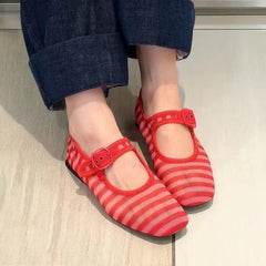 AIERTU  -  Spring Summer Women's Plaid Mesh Mary Jane Shoes Round Toe Slip on Ballet Flats Breathable Casual Shoes for Daily Party Aiertu