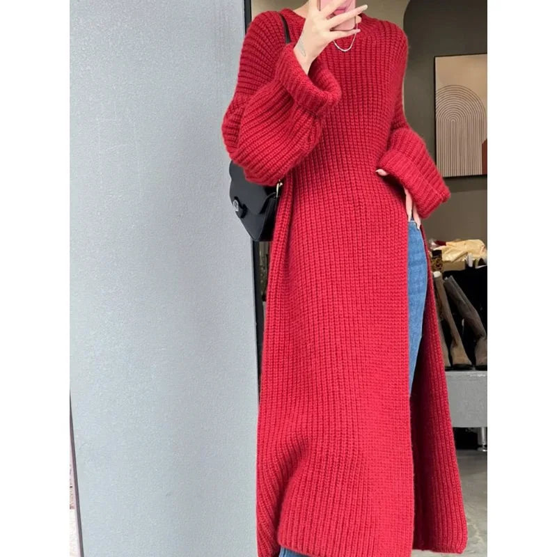 AIERTU  -  Women's Red Oversized Chunky Knit Maxi Sweater Dress Long Sleeve Loose Fit Casual Warm Autumn Winter Knitwear Gown Aiertu